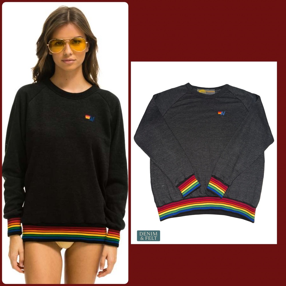 Aviator Nation Rainbow Rib Crew Sweatshirt Black Tri-Blend Unisex Large